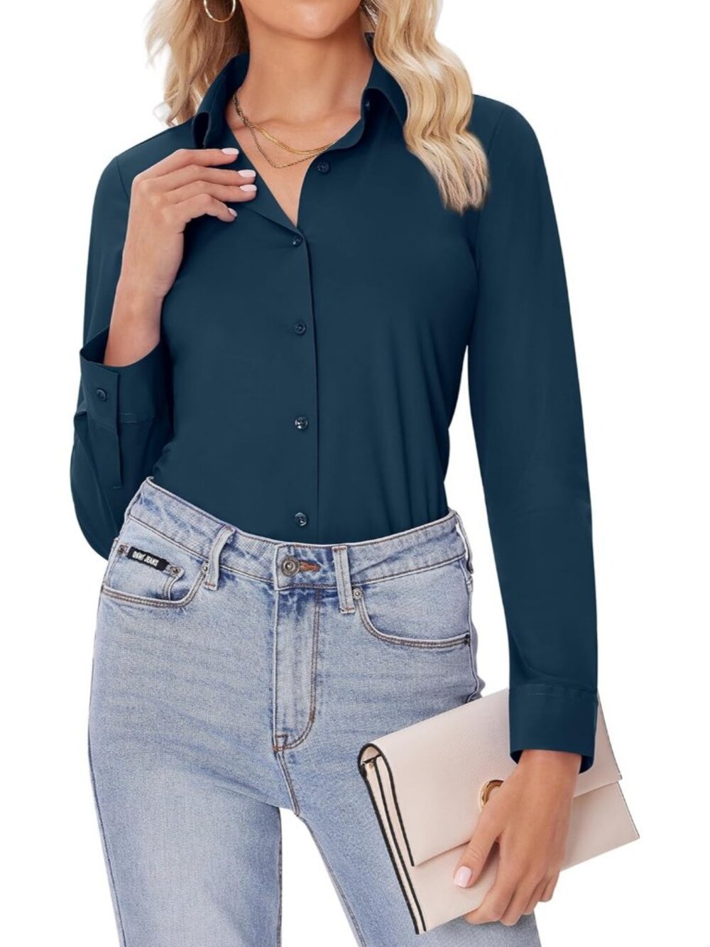Women Peacock Blue Slim Fit Button Down Shirt Long Sleeve Stretch Casual Blouse